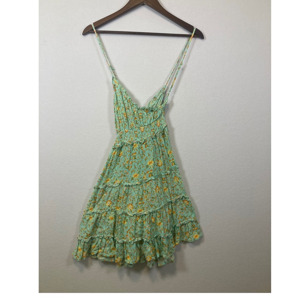 Ardene Tiered‎ Ruffle Floral Print Mini Dress Mint Green Yellow Spaghetti Strap